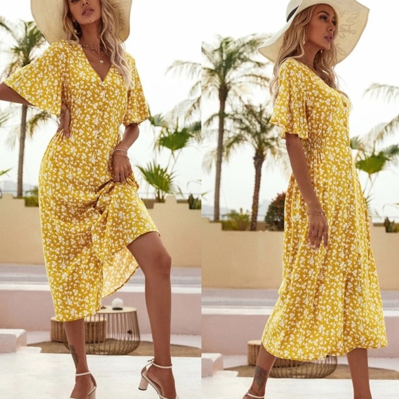 Boho floral print v neck button down dress - Picture 4 of 9